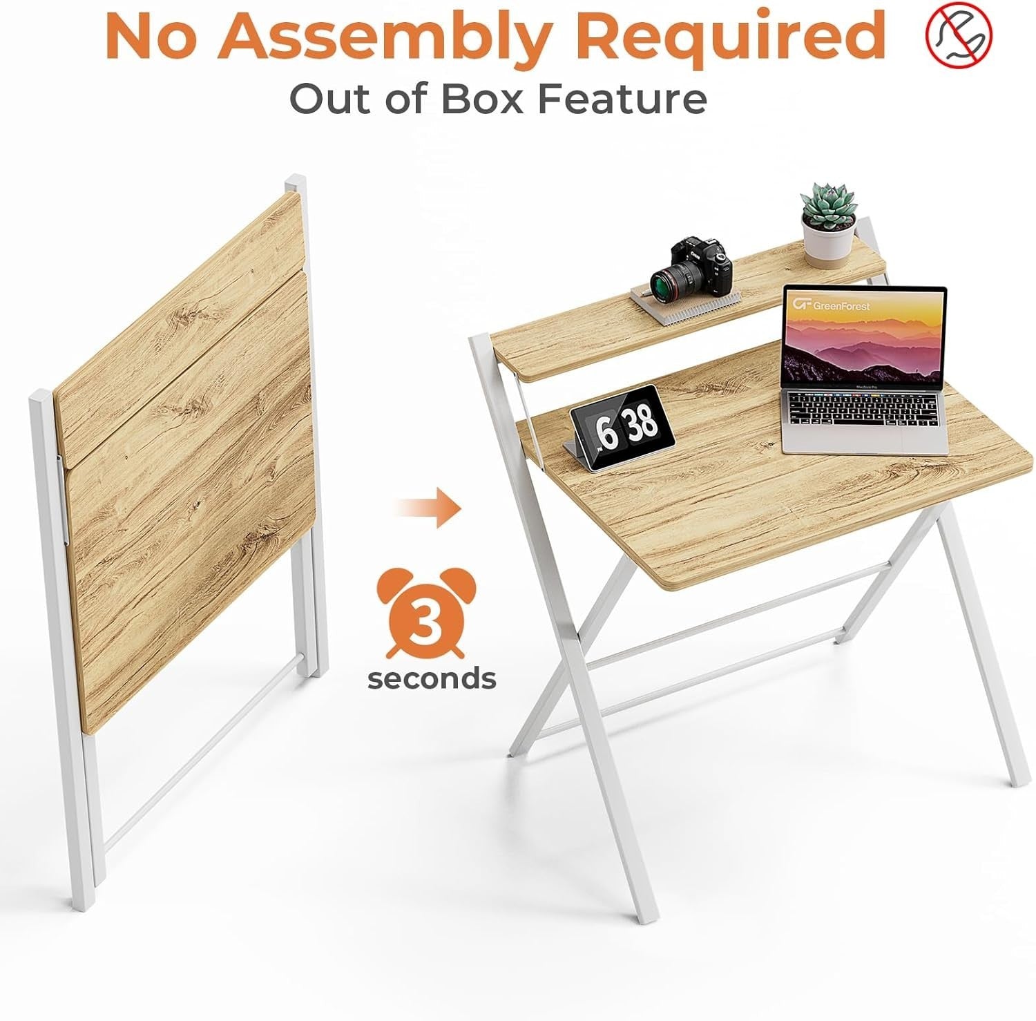 Foldable Computer Desk with Monitor Shelf Compact Oak Table 82cm - Kwikley