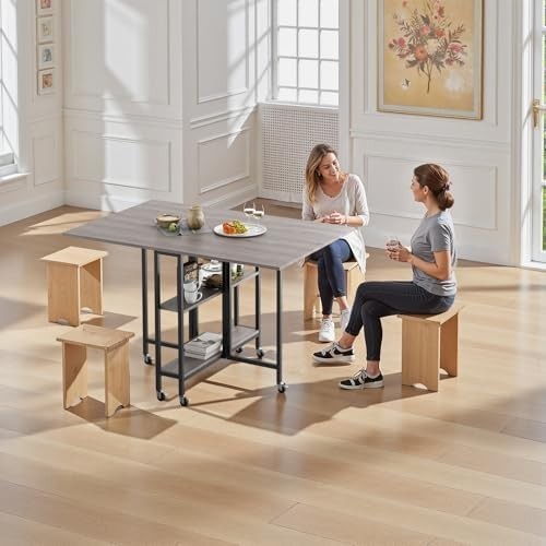 Foldable Dining Table with Wheels & Storage Shelf 120x80cm Space - Saving - Kwikley