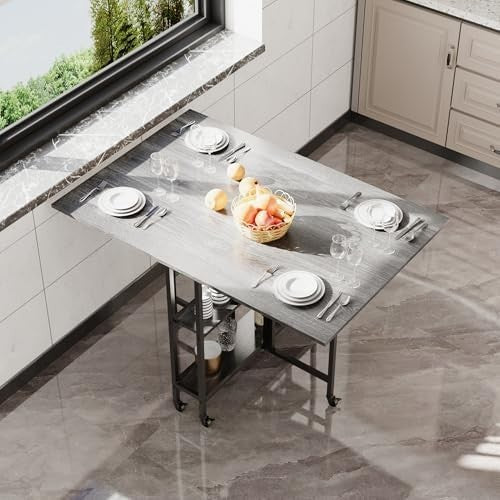 Foldable Dining Table with Wheels & Storage Shelf 120x80cm Space - Saving - Kwikley