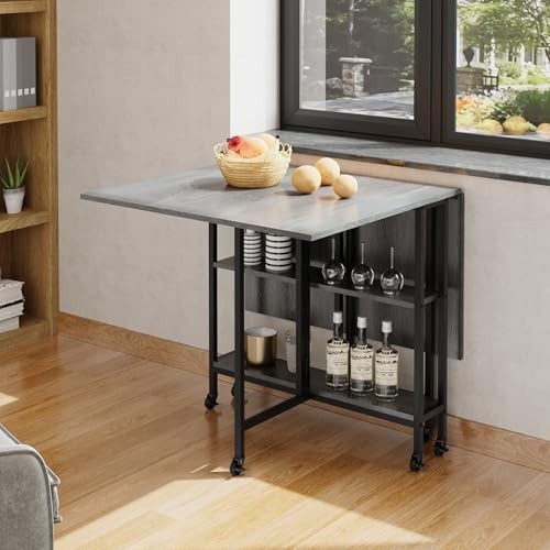 Foldable Dining Table with Wheels & Storage Shelf 120x80cm Space - Saving - Kwikley