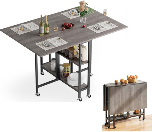 Foldable Dining Table with Wheels & Storage Shelf 120x80cm Space - Saving - Kwikley