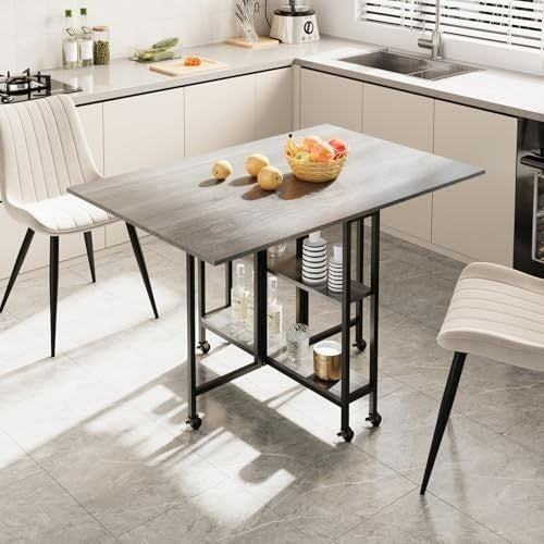 Foldable Dining Table with Wheels & Storage Shelf 120x80cm Space - Saving - Kwikley