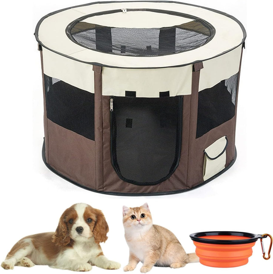 Foldable Dog Playpen Portable Cat Tent Puppy Crate Indoor Outdoor Coffee L - Kwikley
