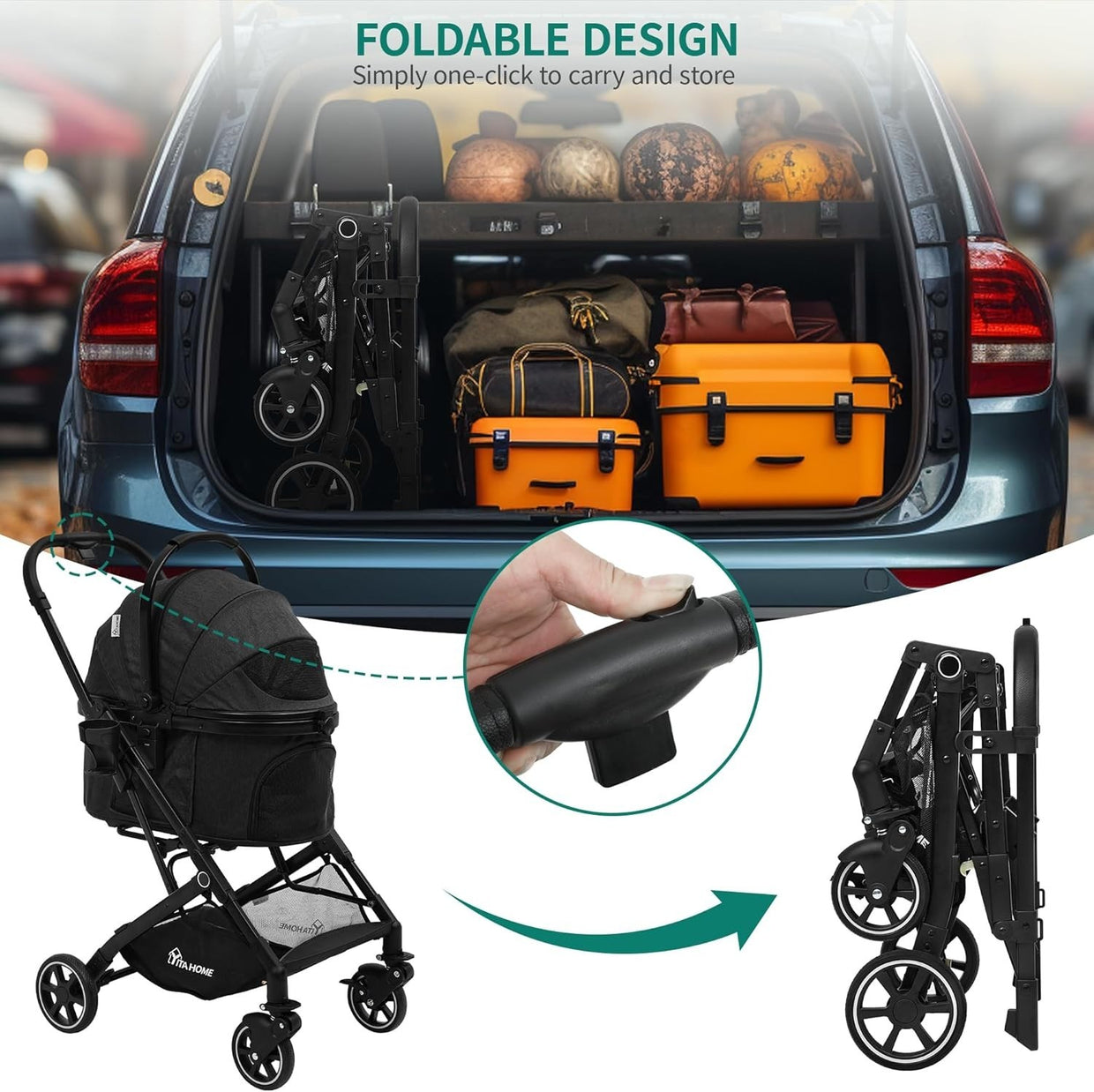 Foldable Dog Pram Pet Stroller for Medium Dogs up to 15kg Detachable Carrier - Kwikley