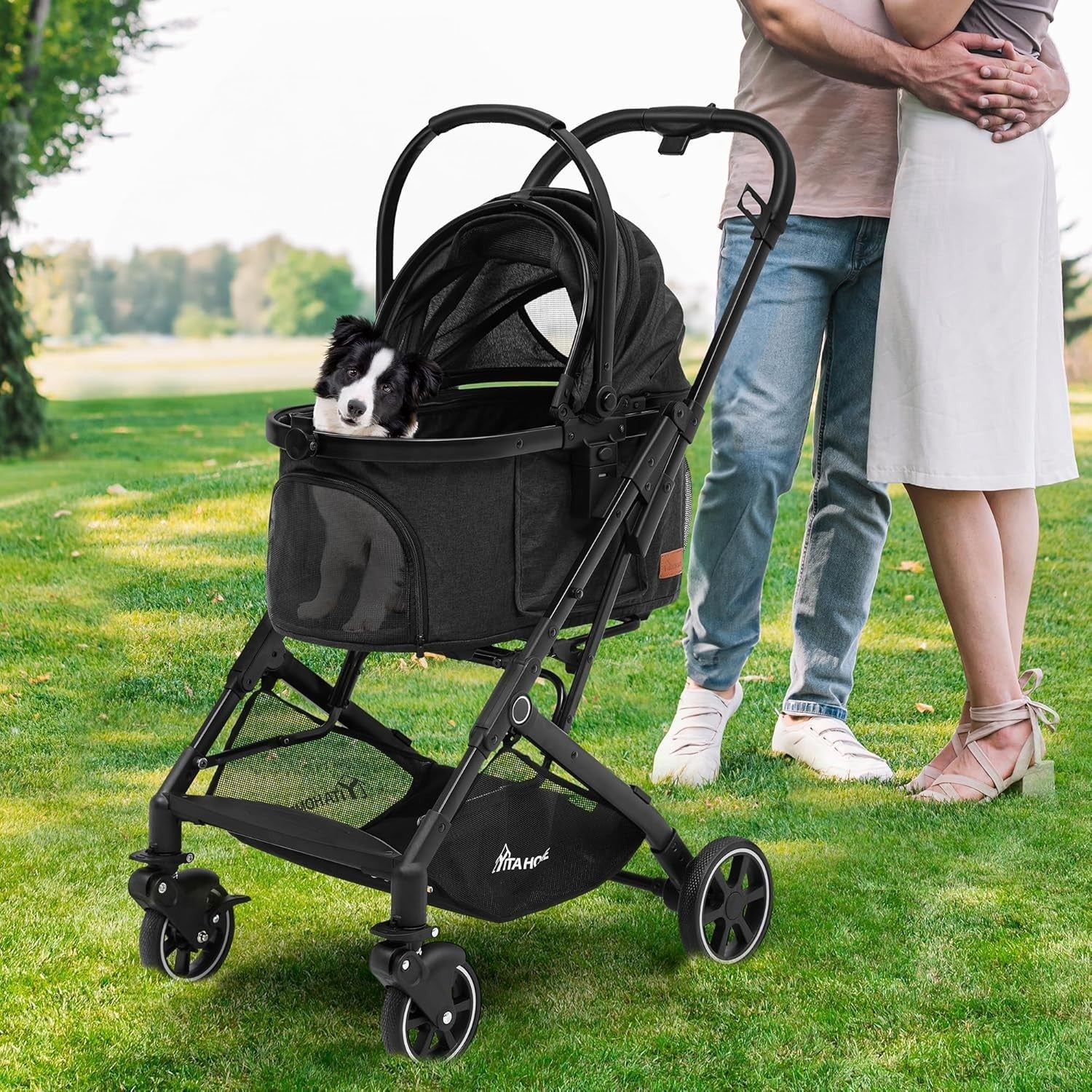 Foldable Dog Pram Pet Stroller for Medium Dogs up to 15kg Detachable Carrier - Kwikley