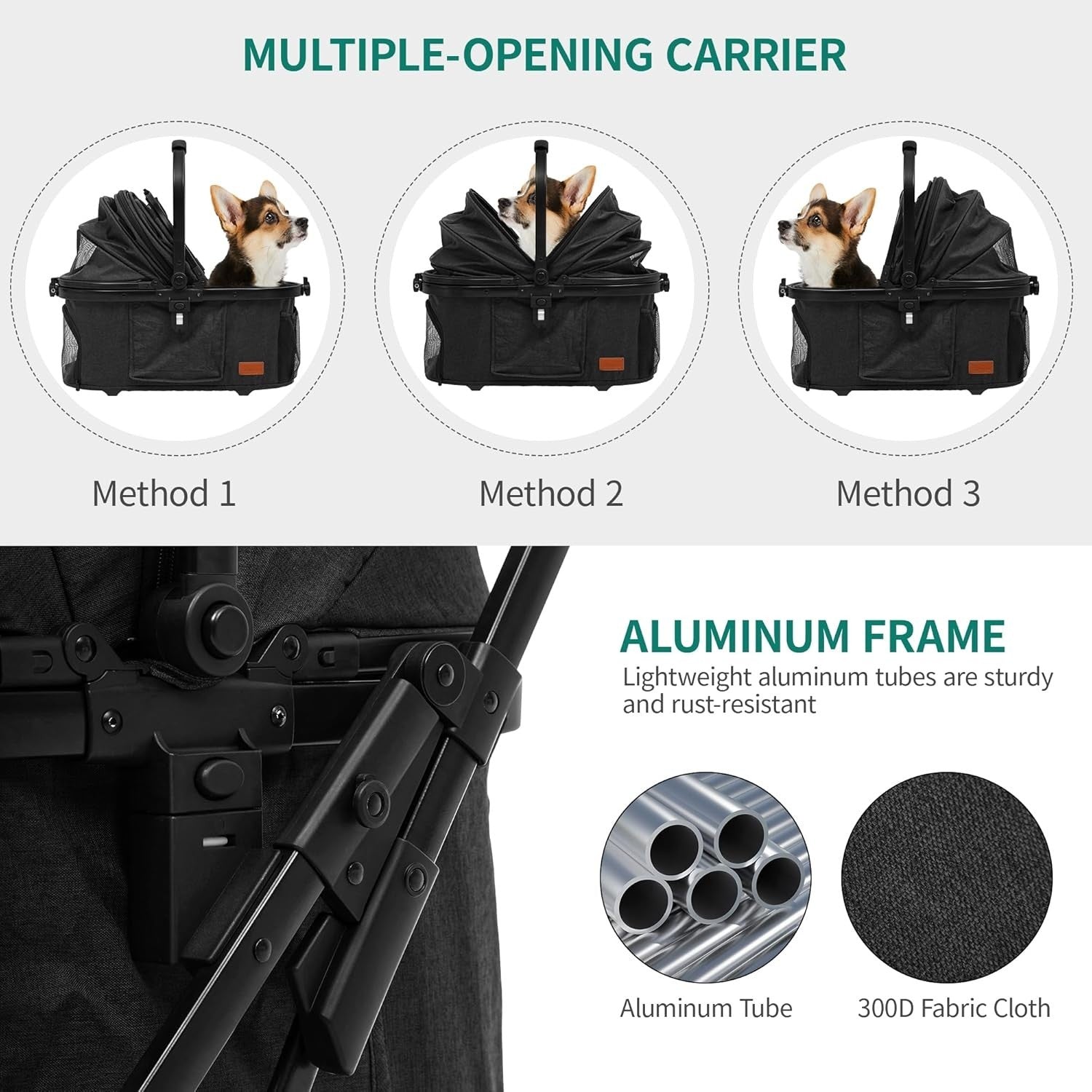 Foldable Dog Pram Pet Stroller for Medium Dogs up to 15kg Detachable Carrier - Kwikley