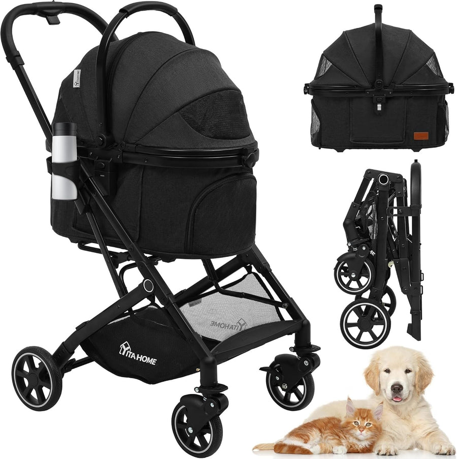 Foldable Dog Pram Pet Stroller for Medium Dogs up to 15kg Detachable Carrier - Kwikley