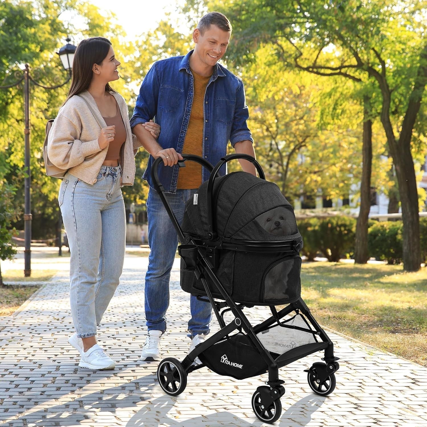 Foldable Dog Pram Pet Stroller for Medium Dogs up to 15kg Detachable Carrier - Kwikley