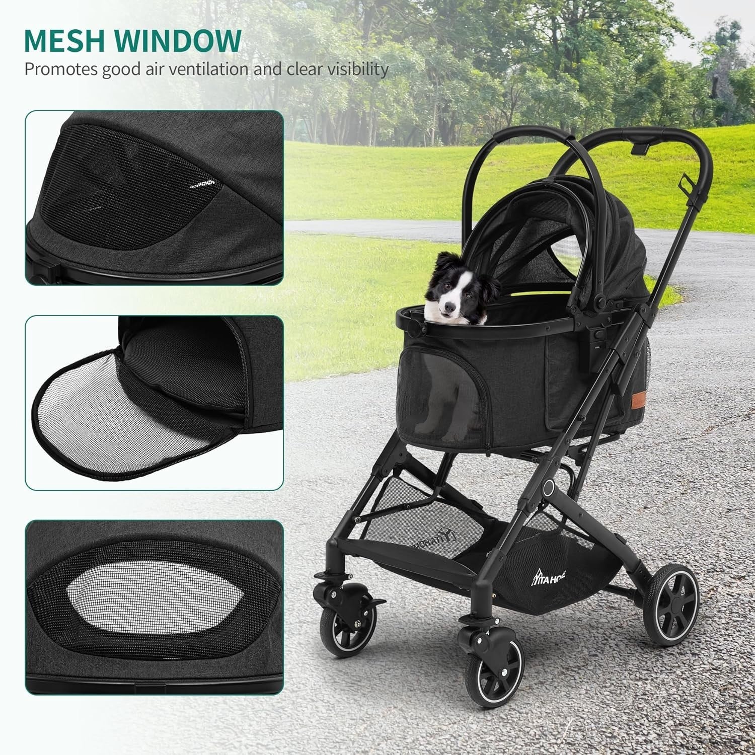Foldable Dog Pram Pet Stroller for Medium Dogs up to 15kg Detachable Carrier - Kwikley