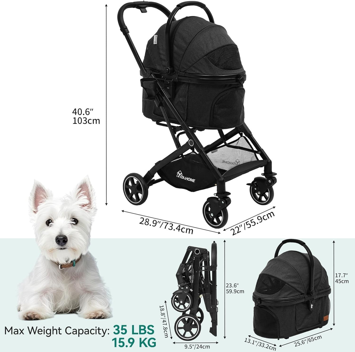 Foldable Dog Pram Pet Stroller for Medium Dogs up to 15kg Detachable Carrier - Kwikley