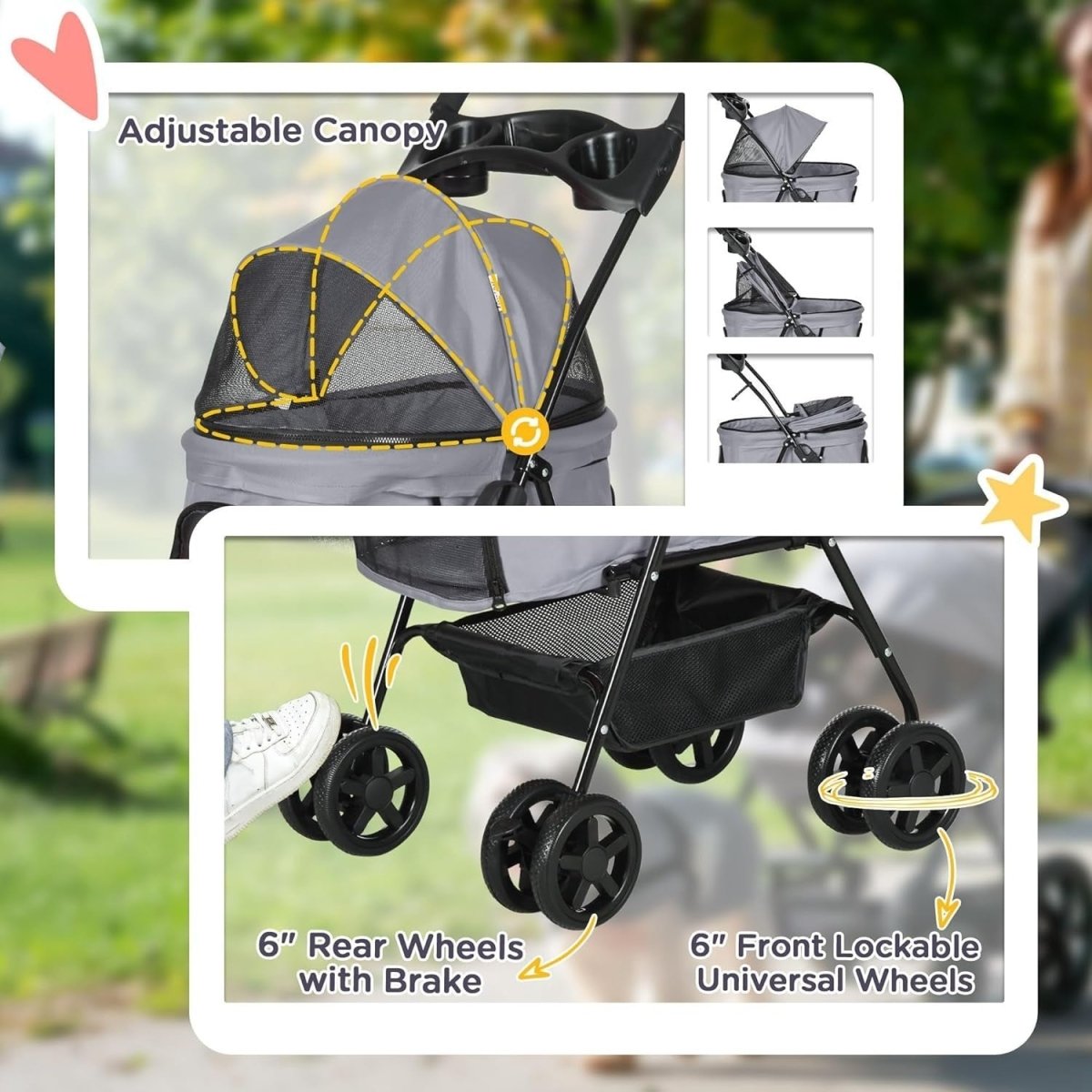 Foldable Dog Stroller Pet Pushchair 4 Wheels Safety Leashes Cup Holder Grey - Kwikley