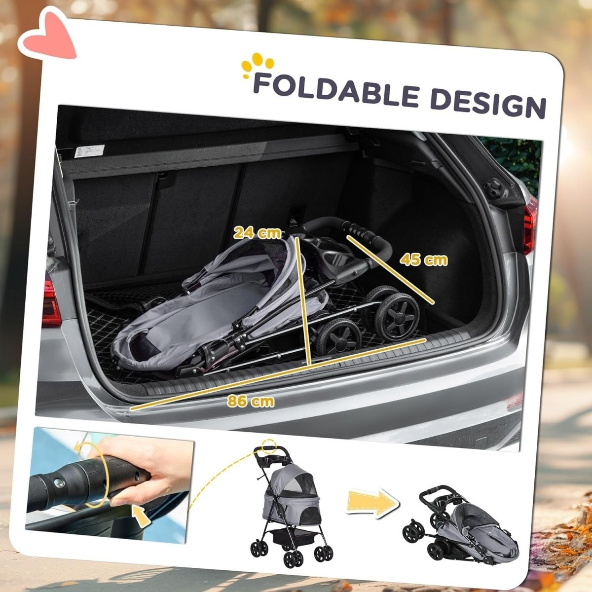 Foldable Dog Stroller Pet Pushchair 4 Wheels Safety Leashes Cup Holder Grey - Kwikley