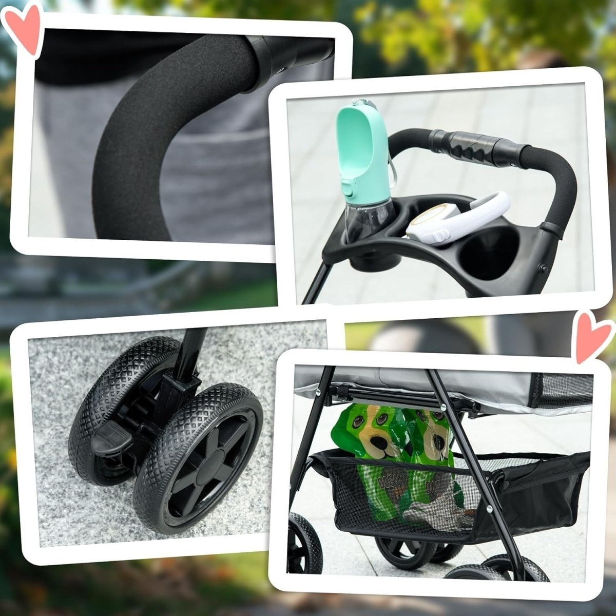 Foldable Dog Stroller Pet Pushchair 4 Wheels Safety Leashes Cup Holder Grey - Kwikley