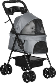 Foldable Dog Stroller Pet Pushchair 4 Wheels Safety Leashes Cup Holder Grey - Kwikley