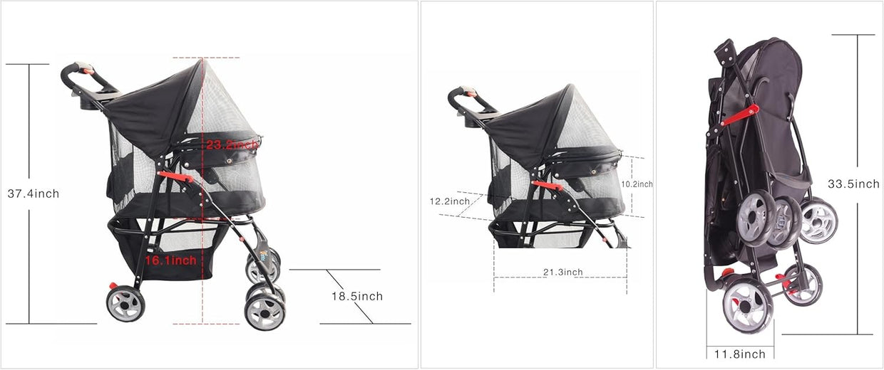 Foldable Dog Stroller Pet Pushchair Full Mesh 4 Wheel Travel Buggy - Kwikley