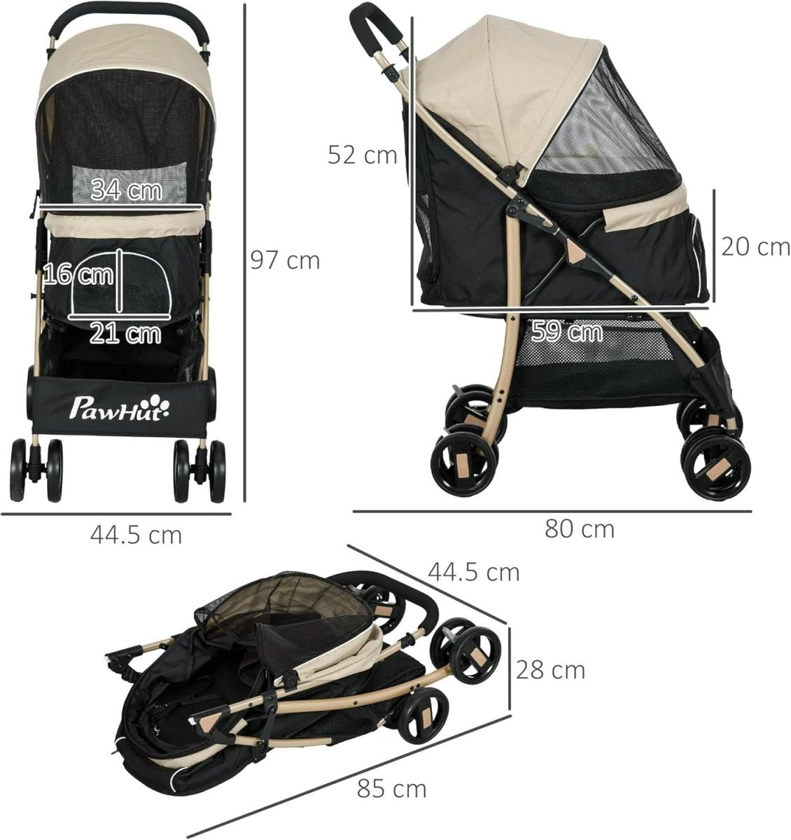 Foldable Dog Stroller with Rain Cover 4 - Wheel Pet Pushchair Khaki Small Dogs - Kwikley