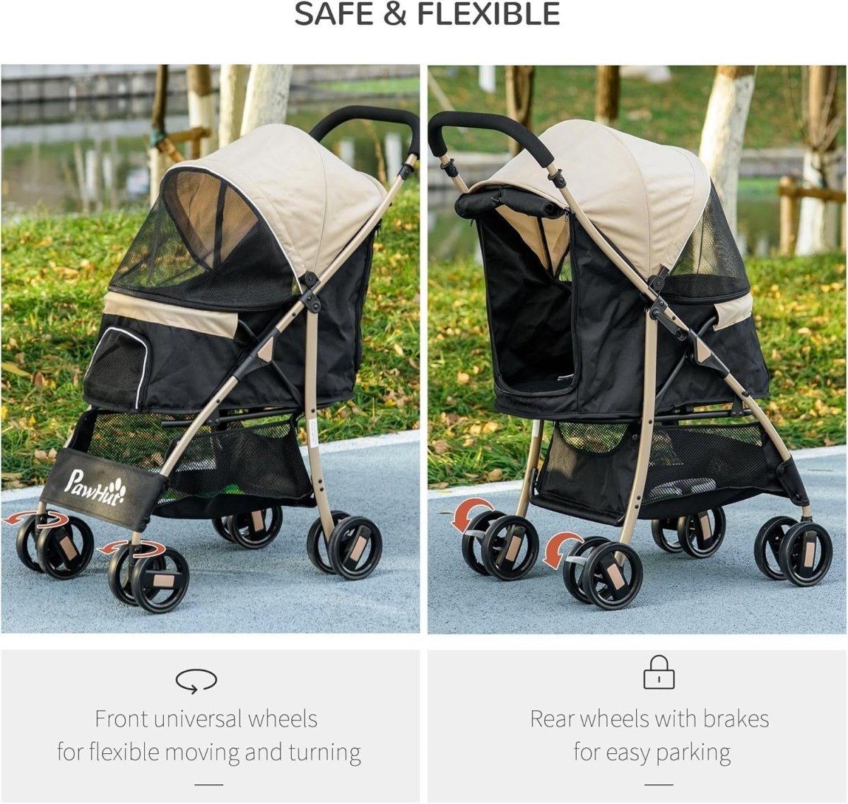 Foldable Dog Stroller with Rain Cover 4 - Wheel Pet Pushchair Khaki Small Dogs - Kwikley