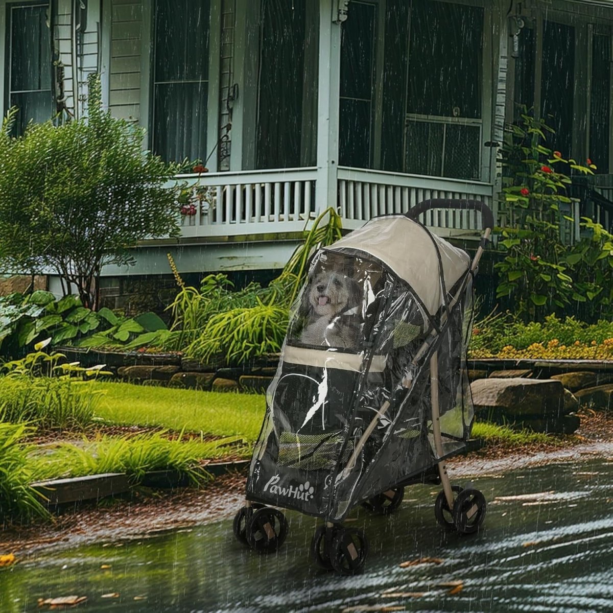 Foldable Dog Stroller with Rain Cover 4 - Wheel Pet Pushchair Khaki Small Dogs - Kwikley