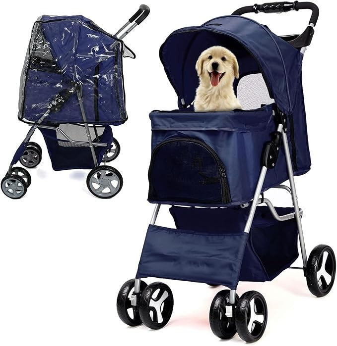 Foldable Dog Stroller with Rain Cover Pet Buggy Small Medium Dogs Cats - Kwikley