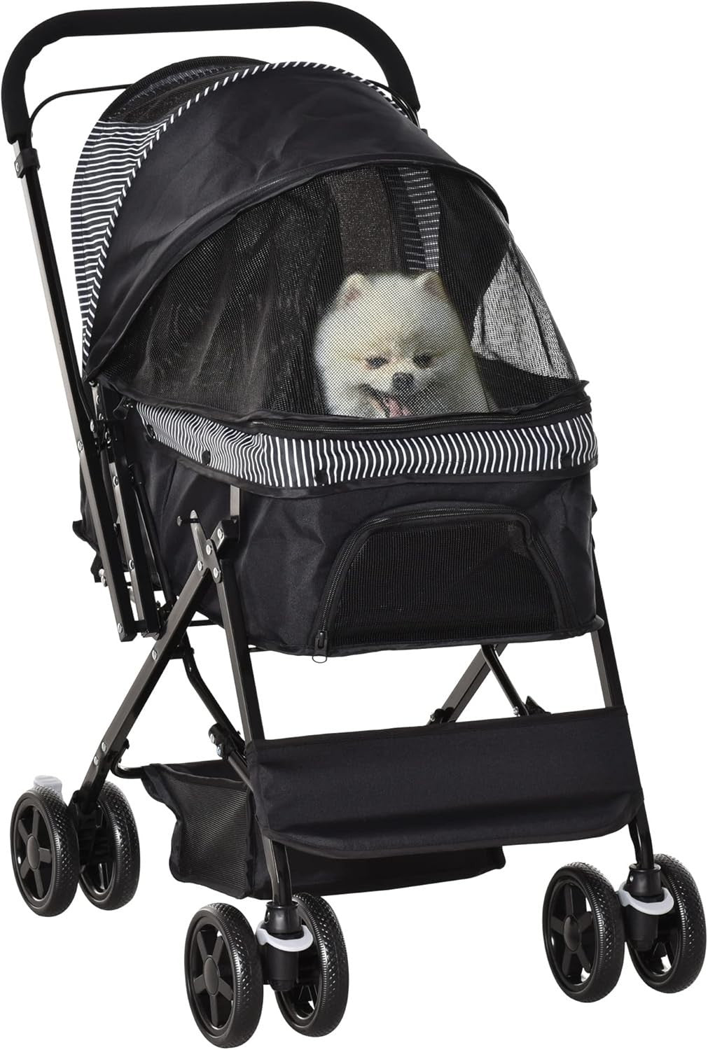 Foldable Dog Stroller with Reversible Handle EVA Wheels Brake Basket Black - Kwikley