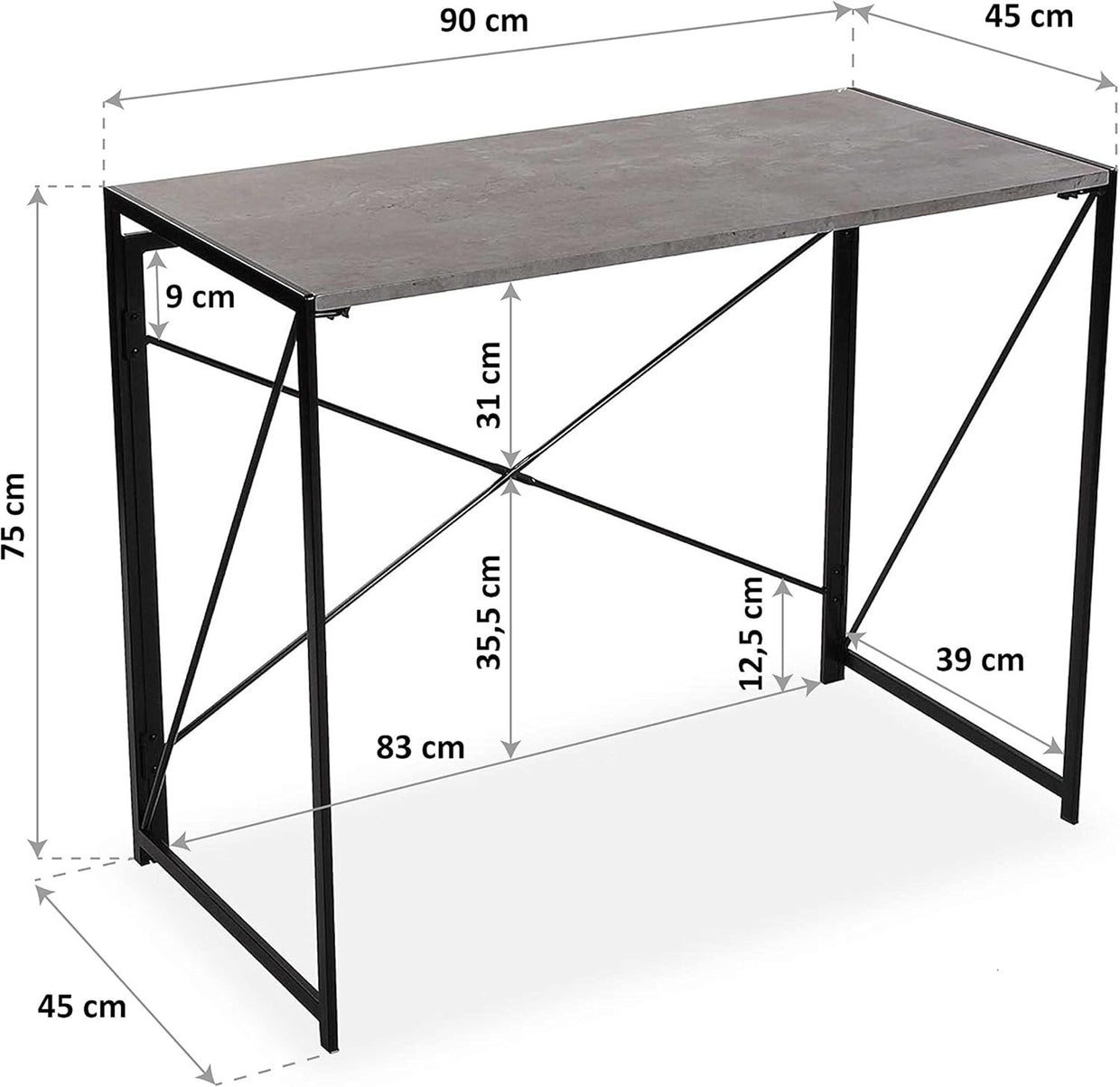 Foldable Grey Computer Desk 90x45cm Compact Metal Frame Study Table - Kwikley
