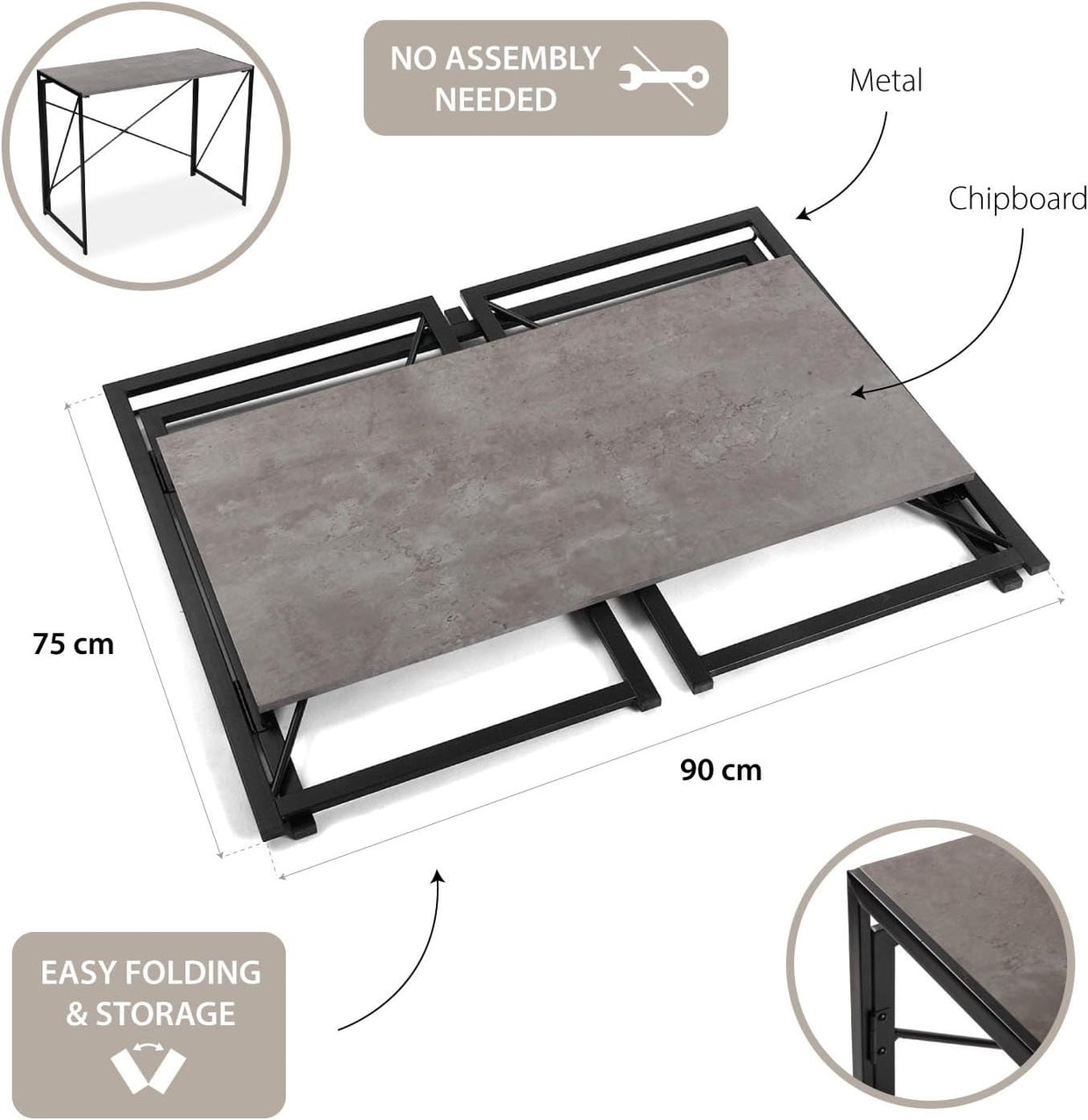 Foldable Grey Computer Desk 90x45cm Compact Metal Frame Study Table - Kwikley