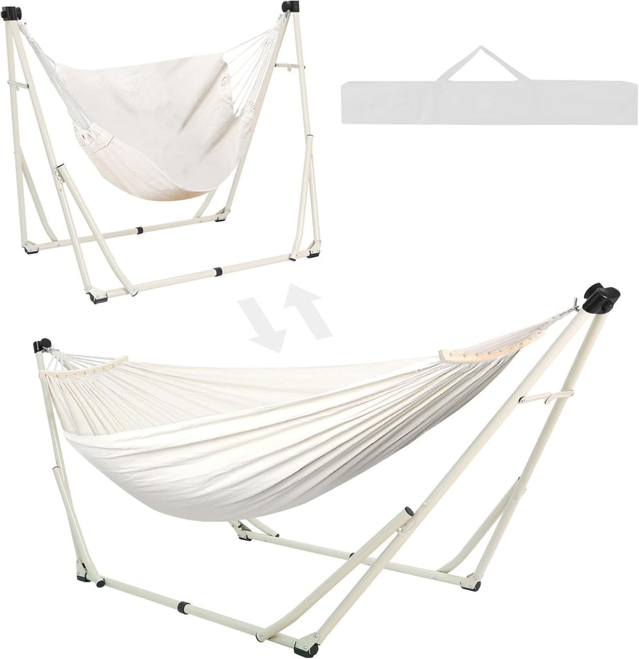Foldable Hammock & Chair Set with Stand Indoor Outdoor 200kg Max Beige - Kwikley