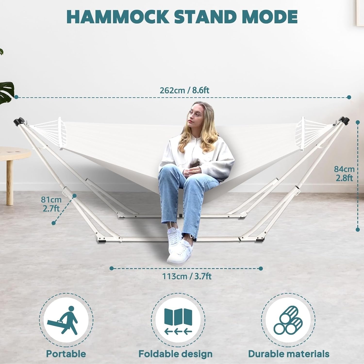 Foldable Hammock & Chair Set with Stand Indoor Outdoor 200kg Max Beige - Kwikley