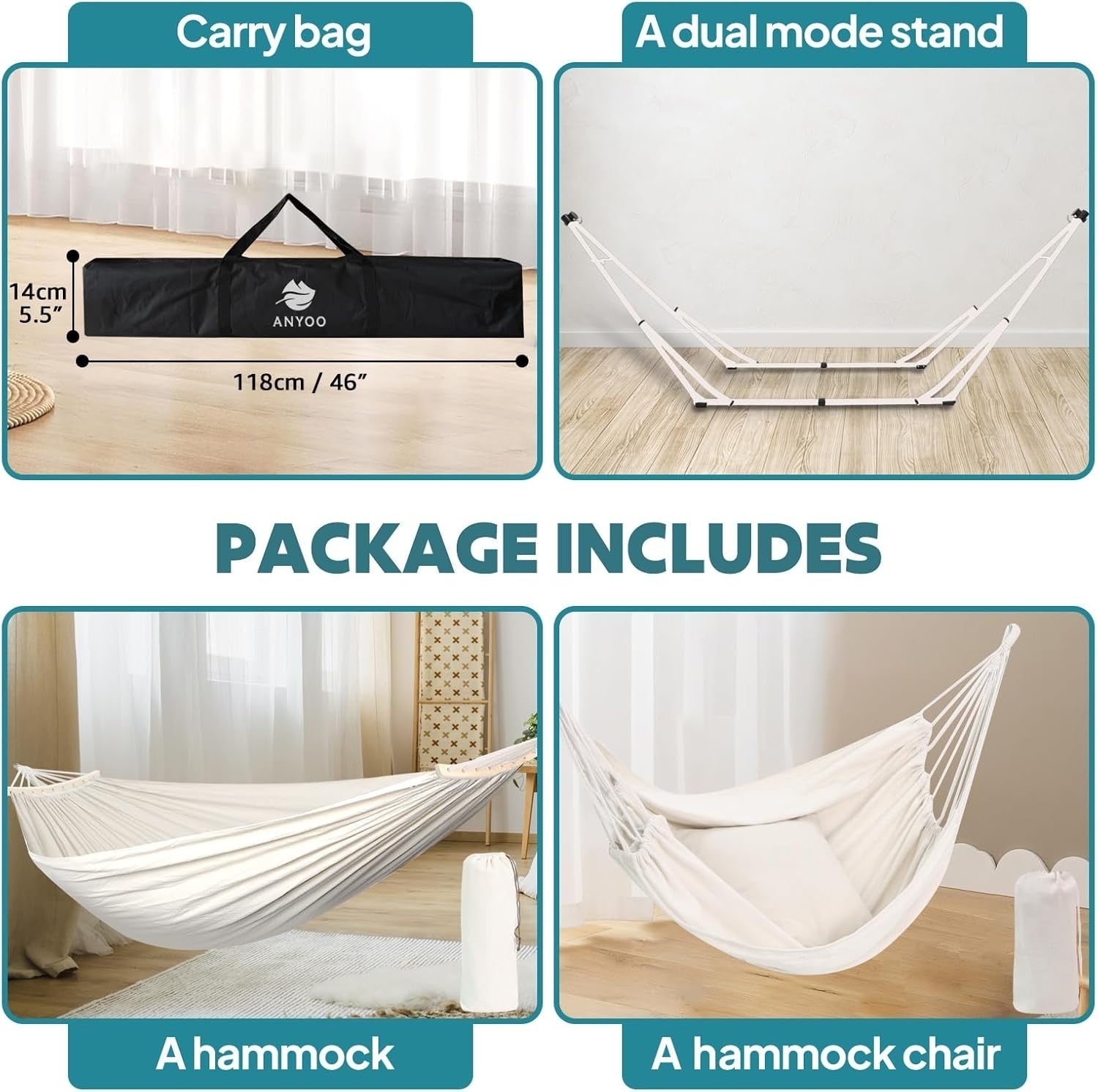 Foldable Hammock & Chair Set with Stand Indoor Outdoor 200kg Max Beige - Kwikley