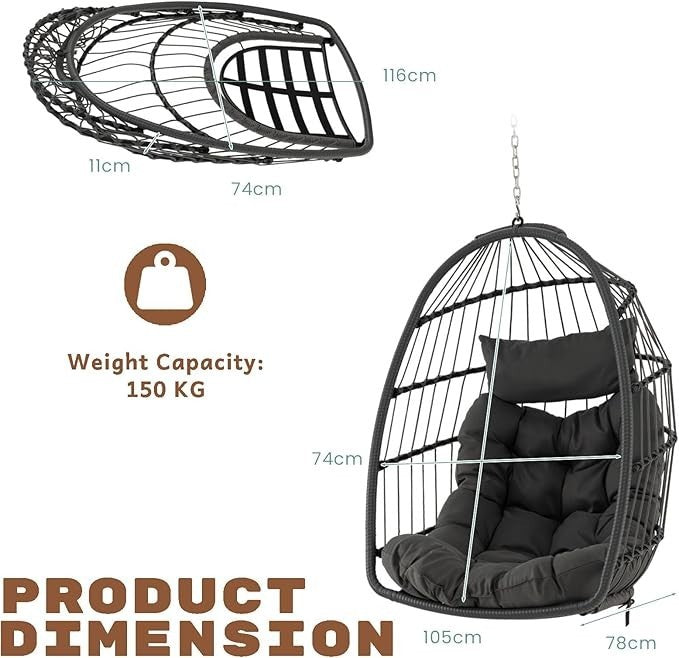 Foldable Hanging Egg Chair with Cushion & Pillow – Indoor Outdoor Swing - Kwikley