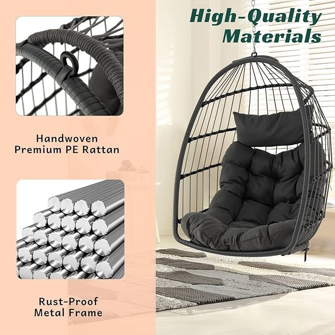 Foldable Hanging Egg Chair with Cushion & Pillow – Indoor Outdoor Swing - Kwikley