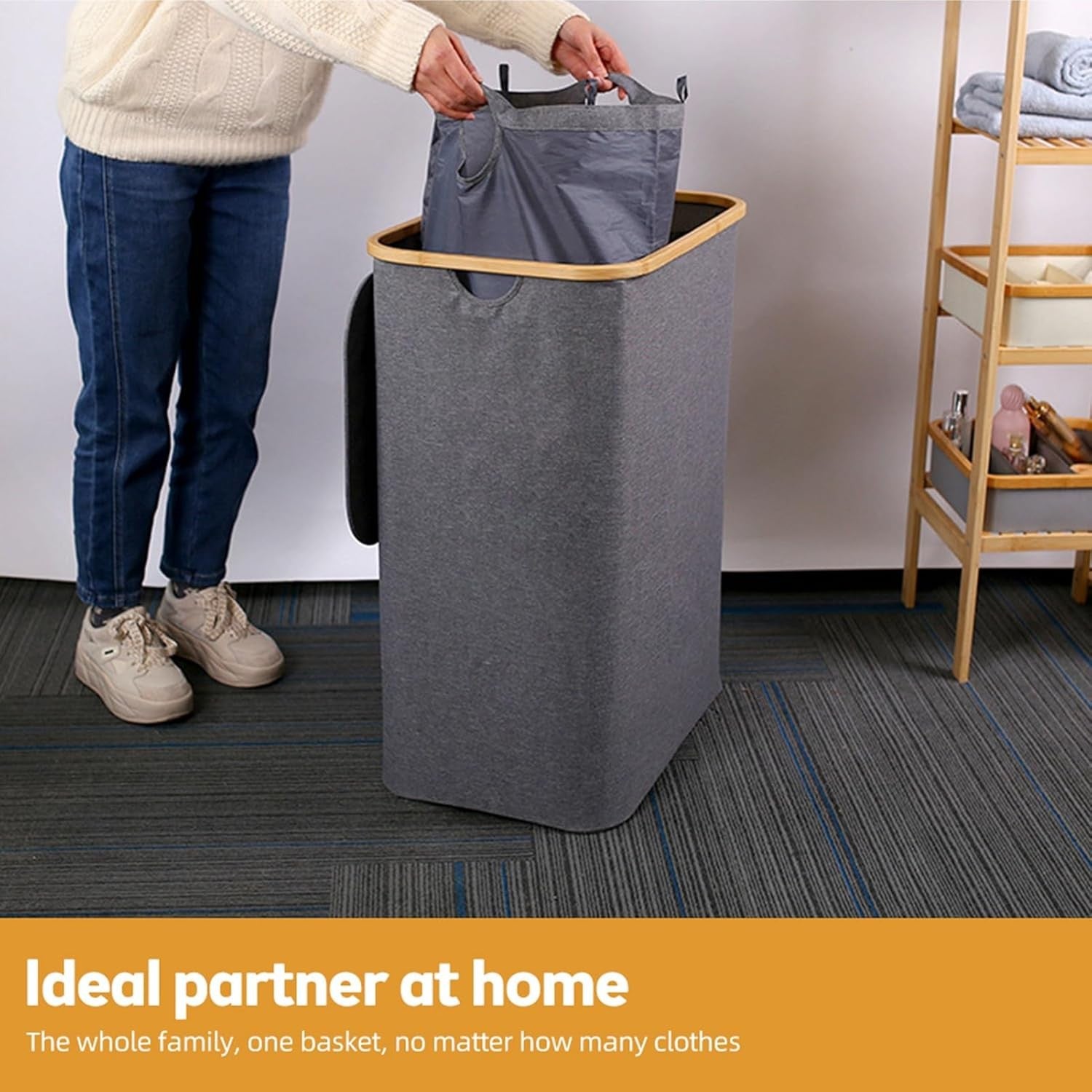 Foldable Laundry Hamper with Lid 3 - Compartment Clothes Organizer Grey 160L - Kwikley