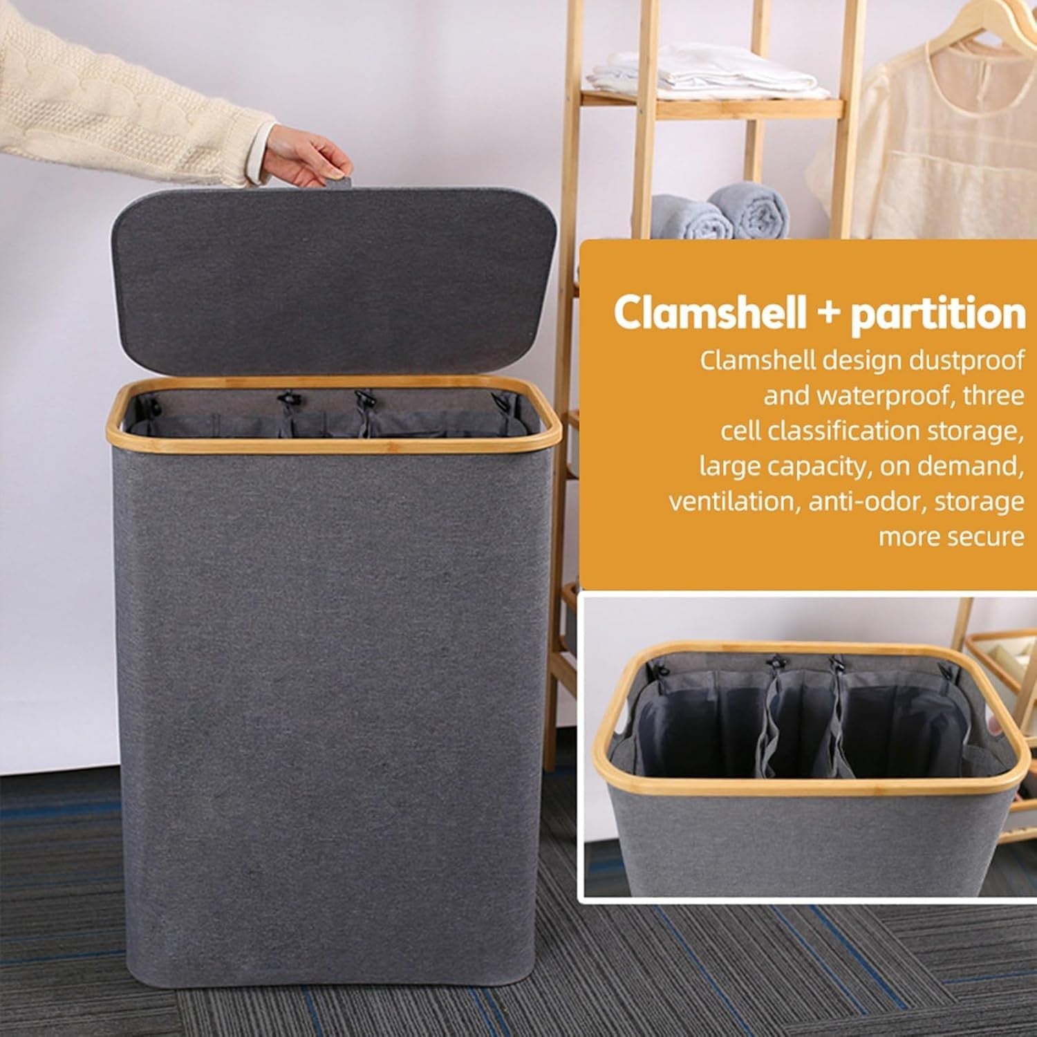 Foldable Laundry Hamper with Lid 3 - Compartment Clothes Organizer Grey 160L - Kwikley