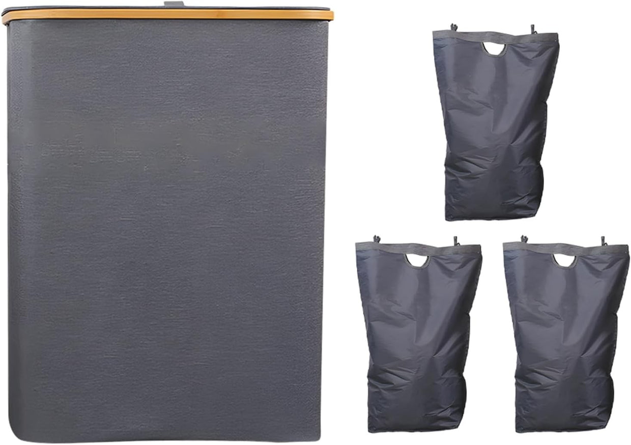 Foldable Laundry Hamper with Lid 3 - Compartment Clothes Organizer Grey 160L - Kwikley