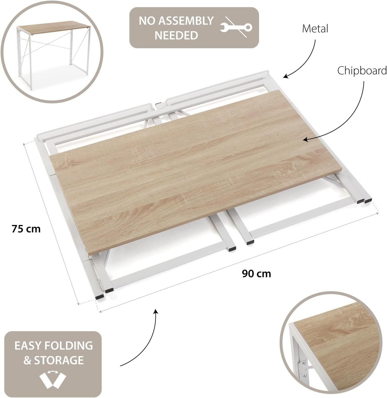 Foldable Light Brown Desk 90x45cm Industrial Metal Frame Study Table - Kwikley
