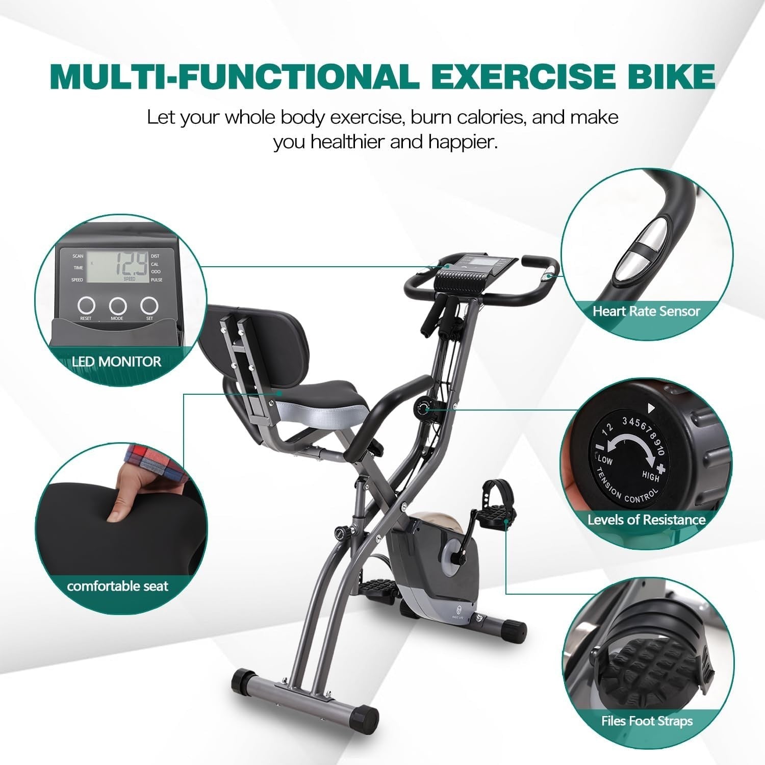Foldable Magnetic Exercise Bike w/ LCD Monitor, 10 Levels & Large Seat - Kwikley