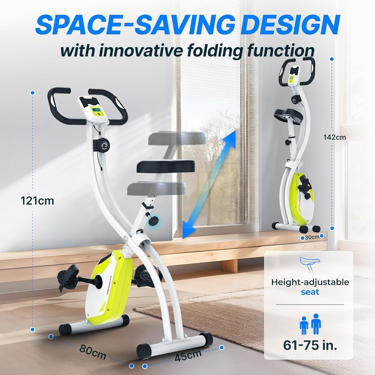 Foldable Magnetic Exercise Bike w/ LCD, Pulse Sensors, Quiet Drive & 130kg Max - Kwikley