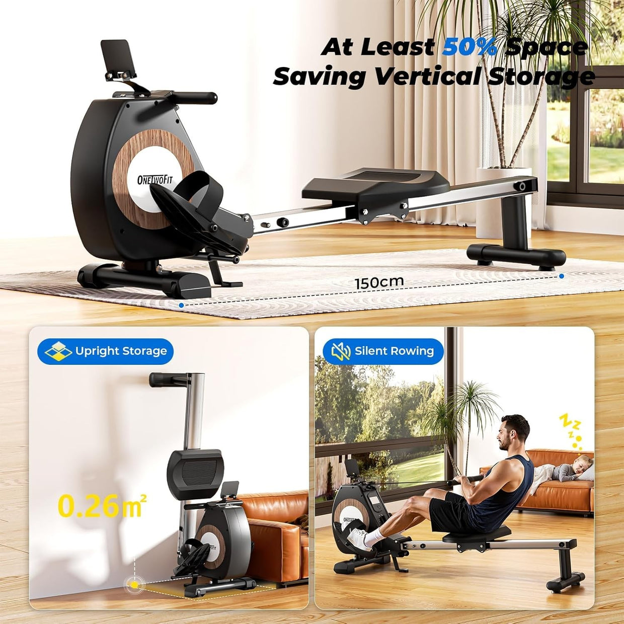 Foldable Magnetic Rowing Machine 16 - Level Resistance App Bluetooth 160KG Home - Kwikley