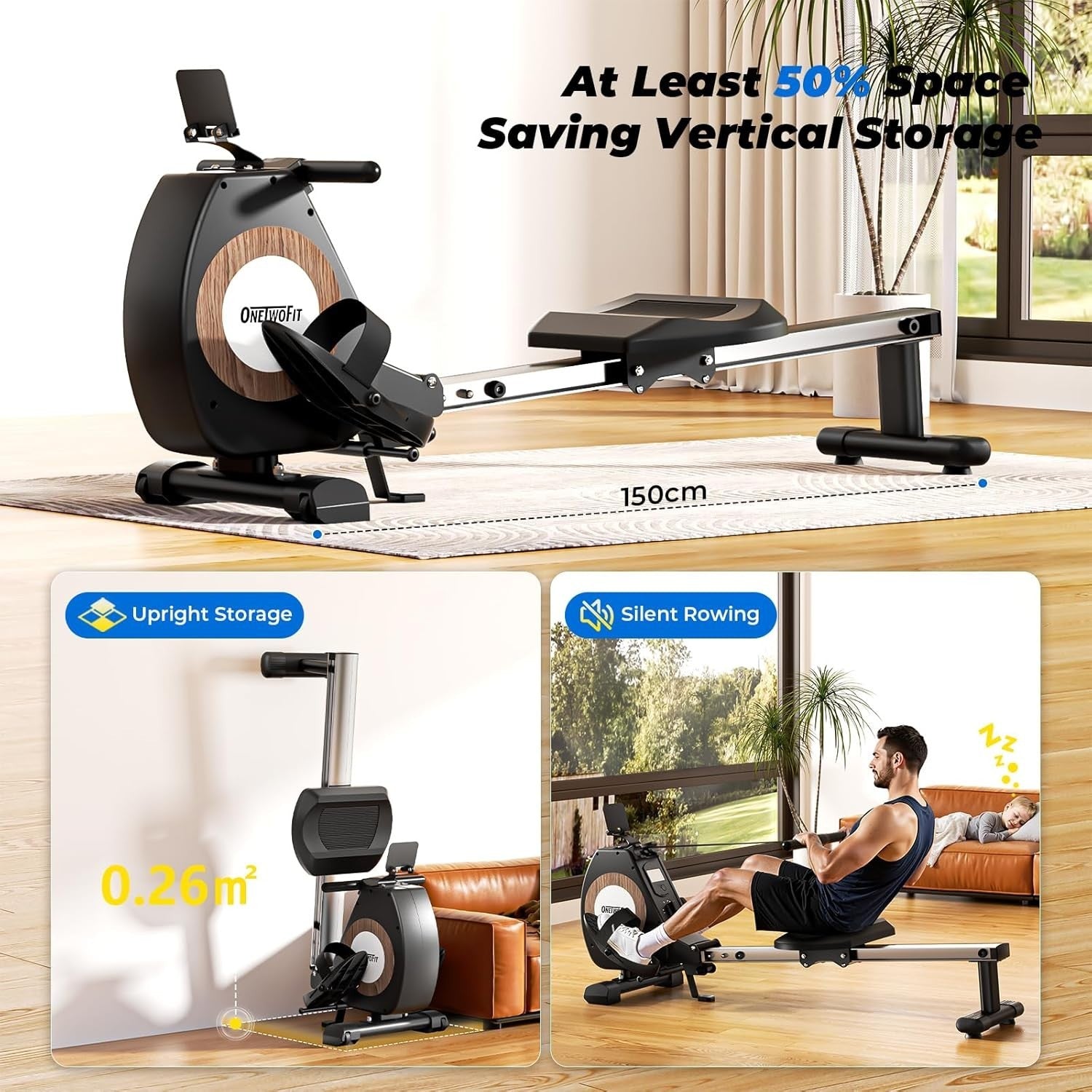 Foldable Magnetic Rowing Machine 16 - Level Resistance App Bluetooth 160KG Home - Kwikley