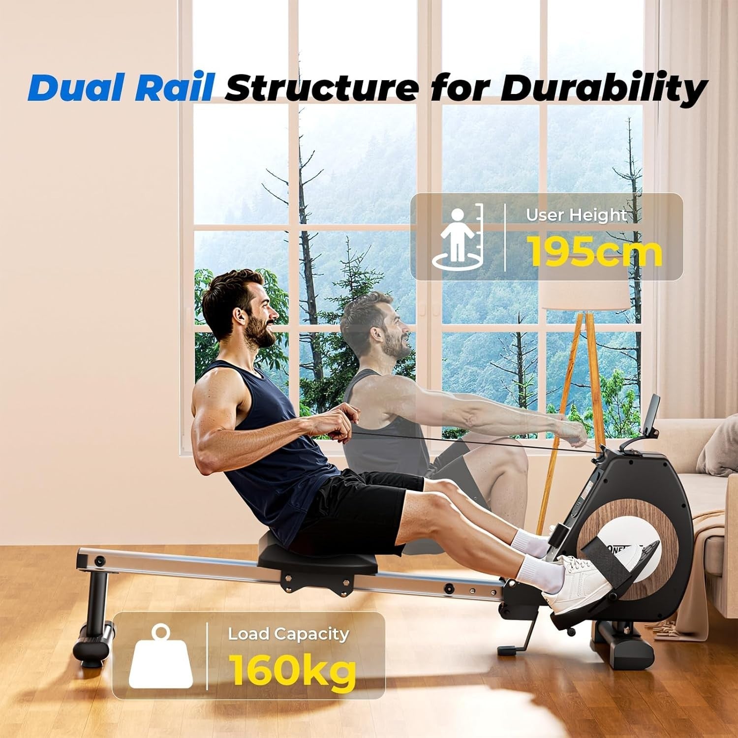 Foldable Magnetic Rowing Machine 16 - Level Resistance App Bluetooth 160KG Home - Kwikley