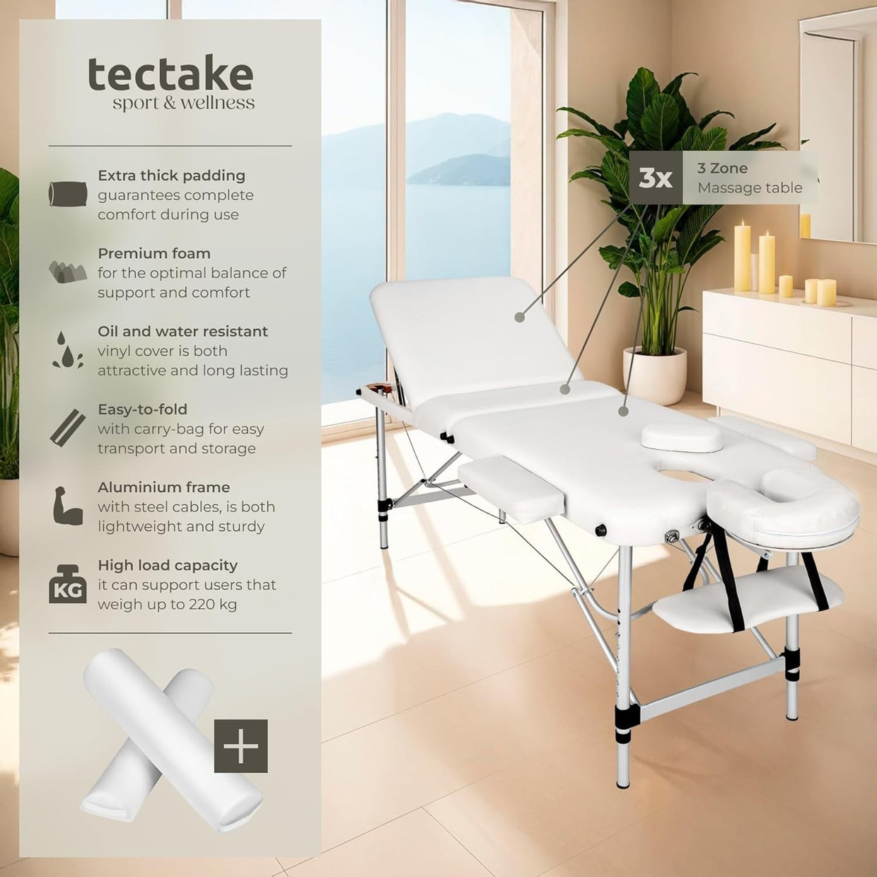 Foldable Massage Table Adjustable Aluminium Therapy Bed w/ Bag & Bolsters White - Kwikley