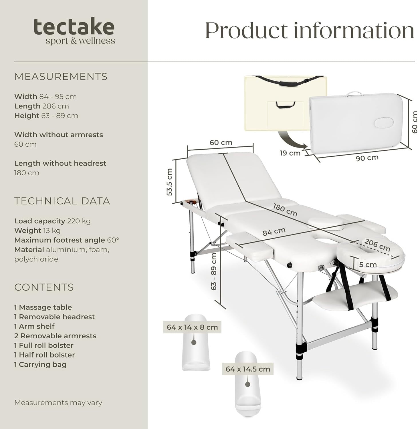 Foldable Massage Table Adjustable Aluminium Therapy Bed w/ Bag & Bolsters White - Kwikley
