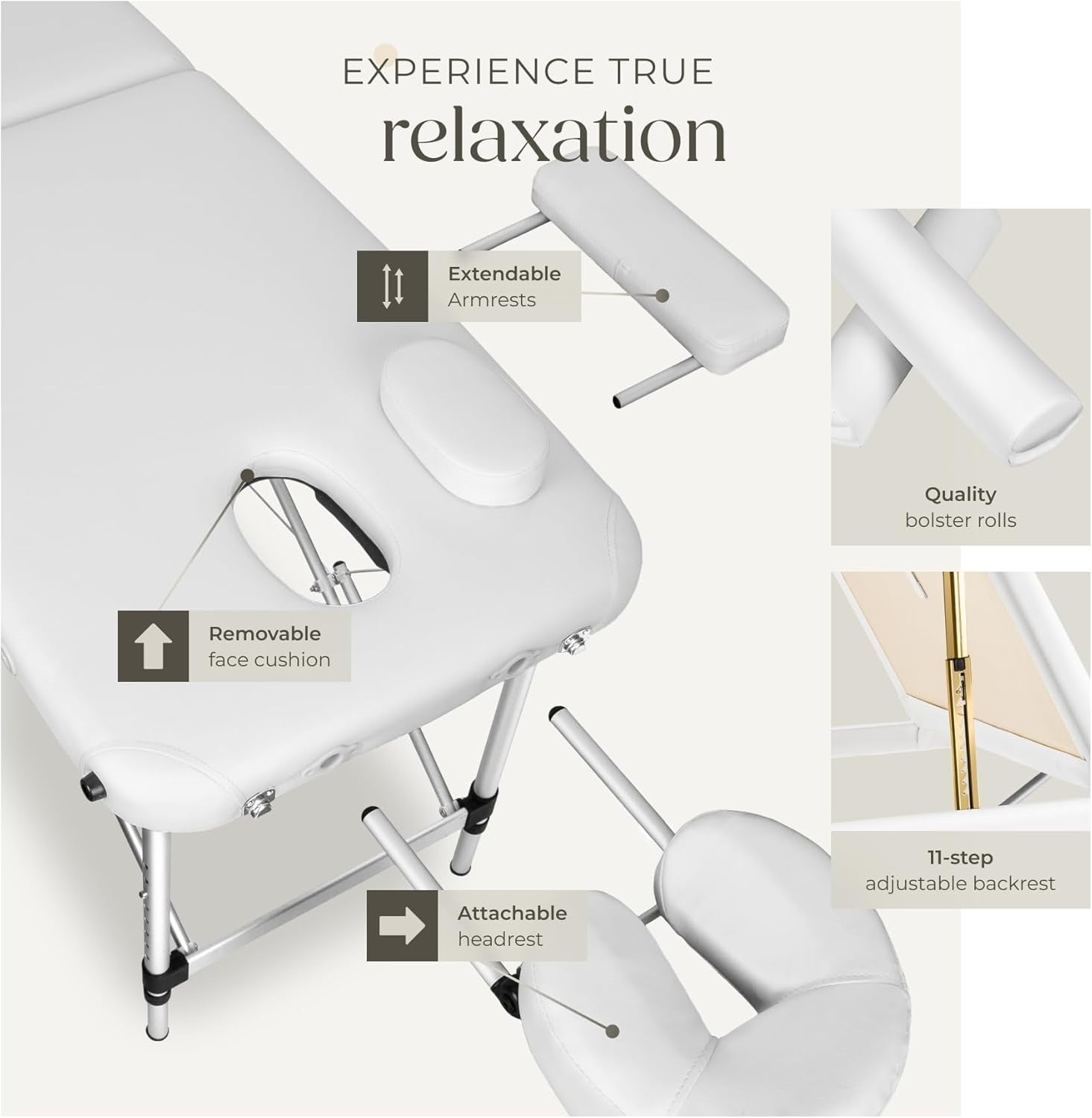 Foldable Massage Table Adjustable Aluminium Therapy Bed w/ Bag & Bolsters White - Kwikley