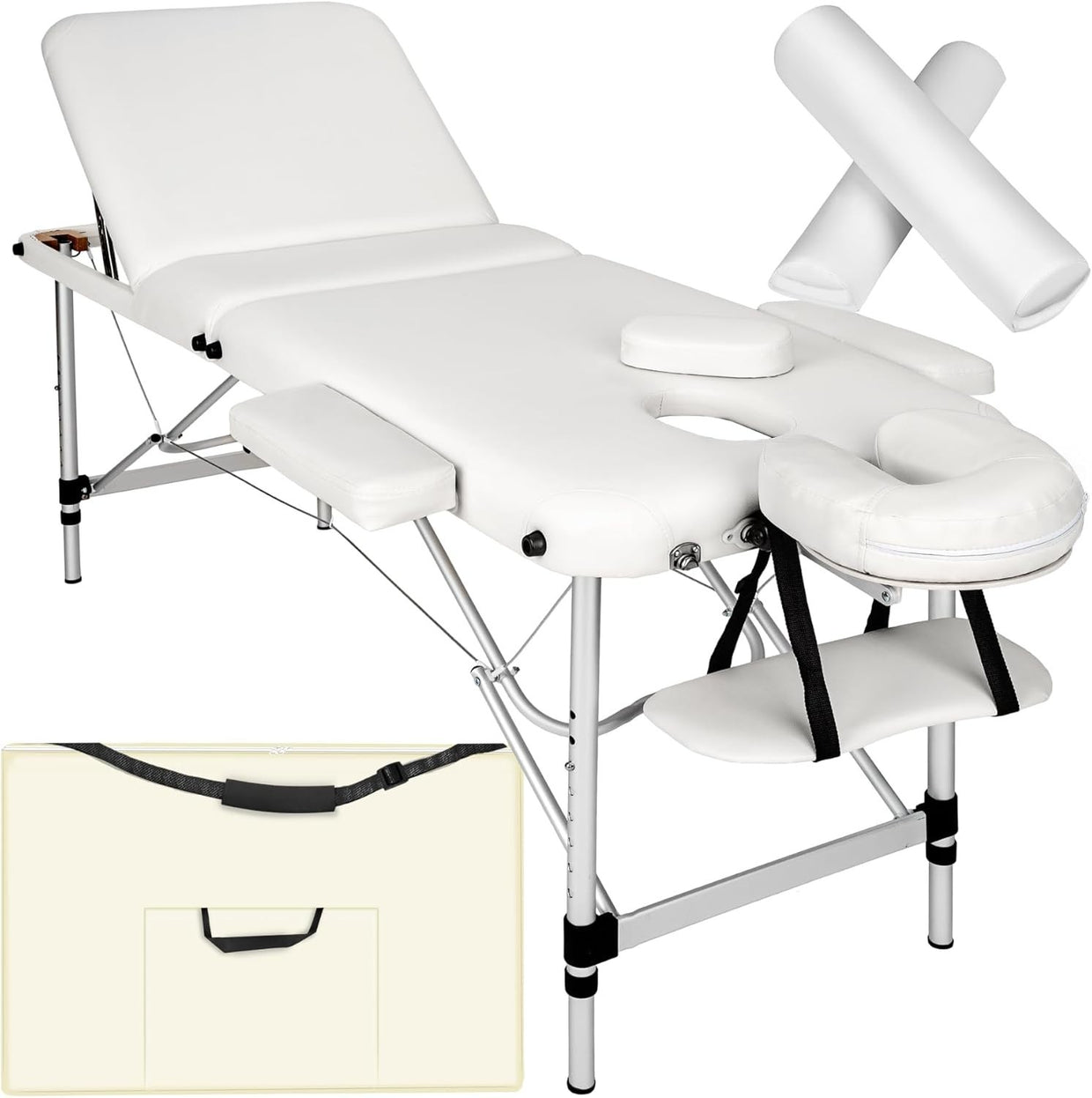 Foldable Massage Table Adjustable Aluminium Therapy Bed w/ Bag & Bolsters White - Kwikley