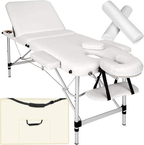 Foldable Massage Table Adjustable Aluminium Therapy Bed w/ Bag & Bolsters White - Kwikley
