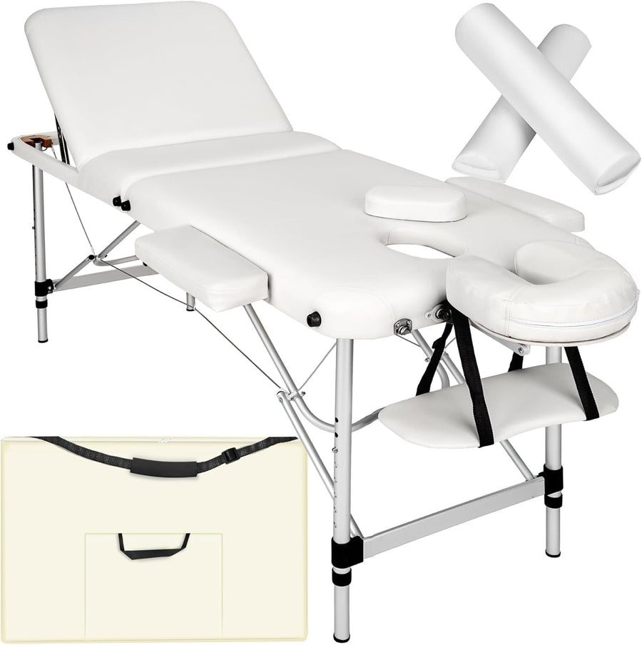 Foldable Massage Table Adjustable Aluminium Therapy Bed w/ Bag & Bolsters White - Kwikley