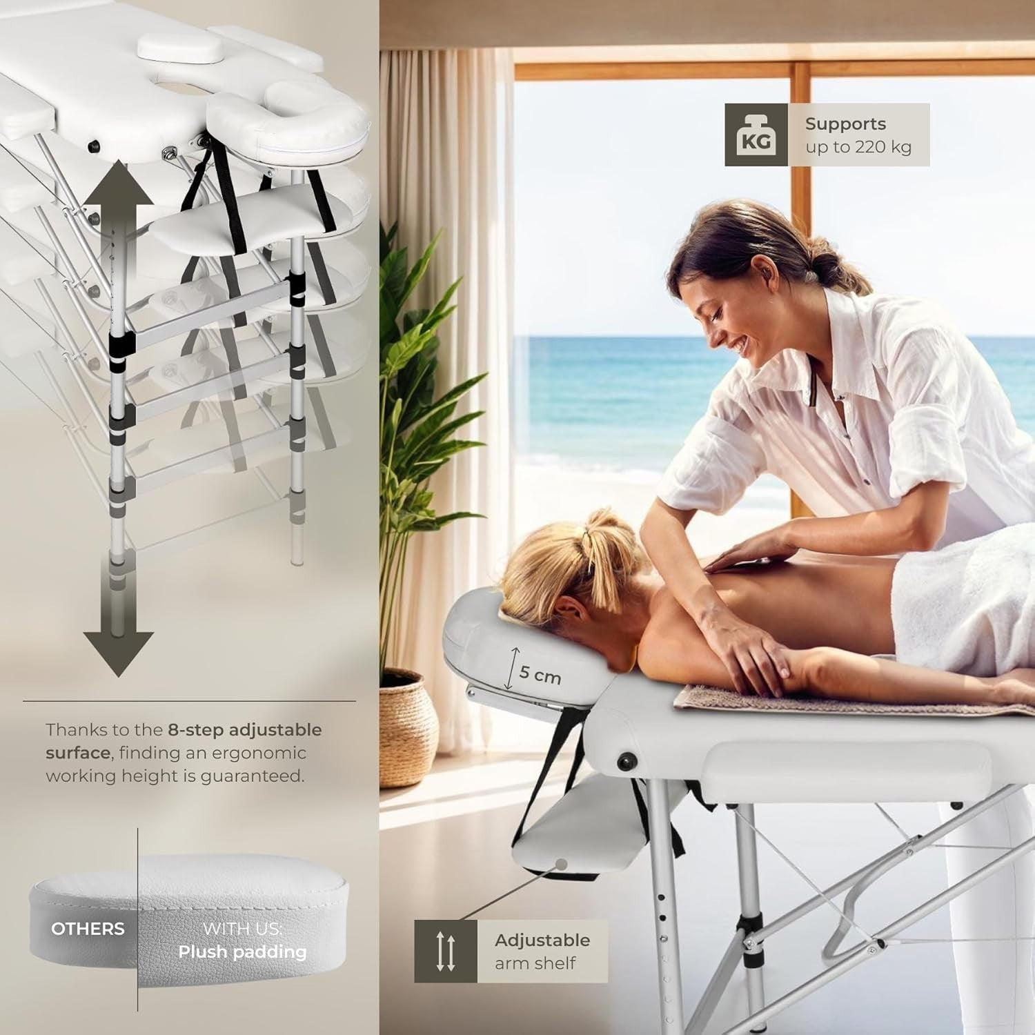 Foldable Massage Table Adjustable Aluminium Therapy Bed w/ Bag & Bolsters White - Kwikley