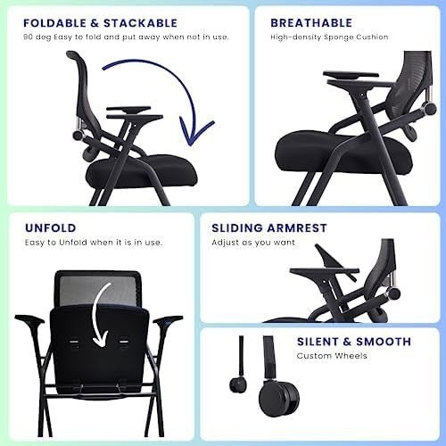 Foldable Mesh Office Chair – Stackable, Cushioned, Lumbar Support - Kwikley