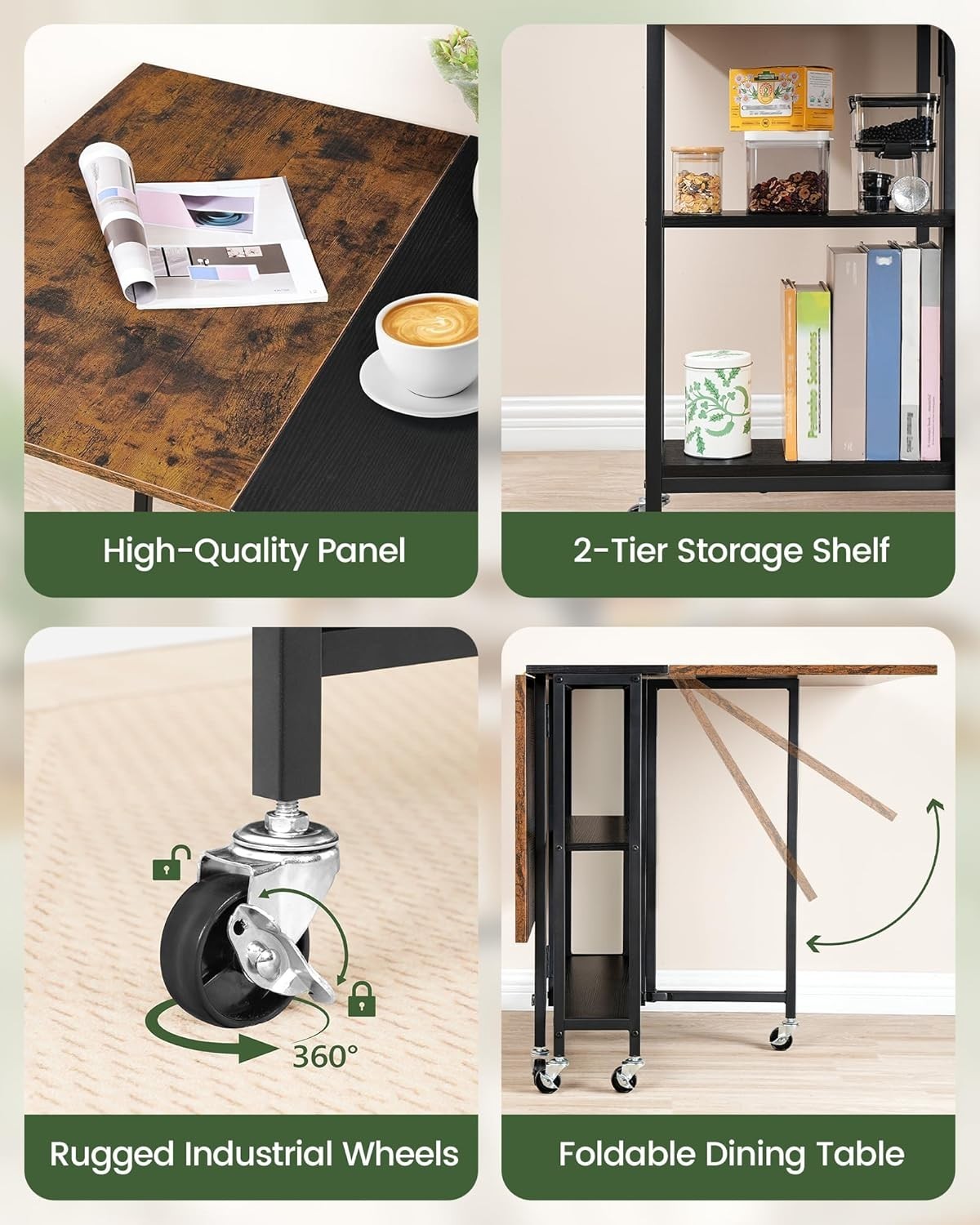 Foldable Movable Dining Table with Wheels & 2 - Tier Shelf Rustic Brown - Kwikley