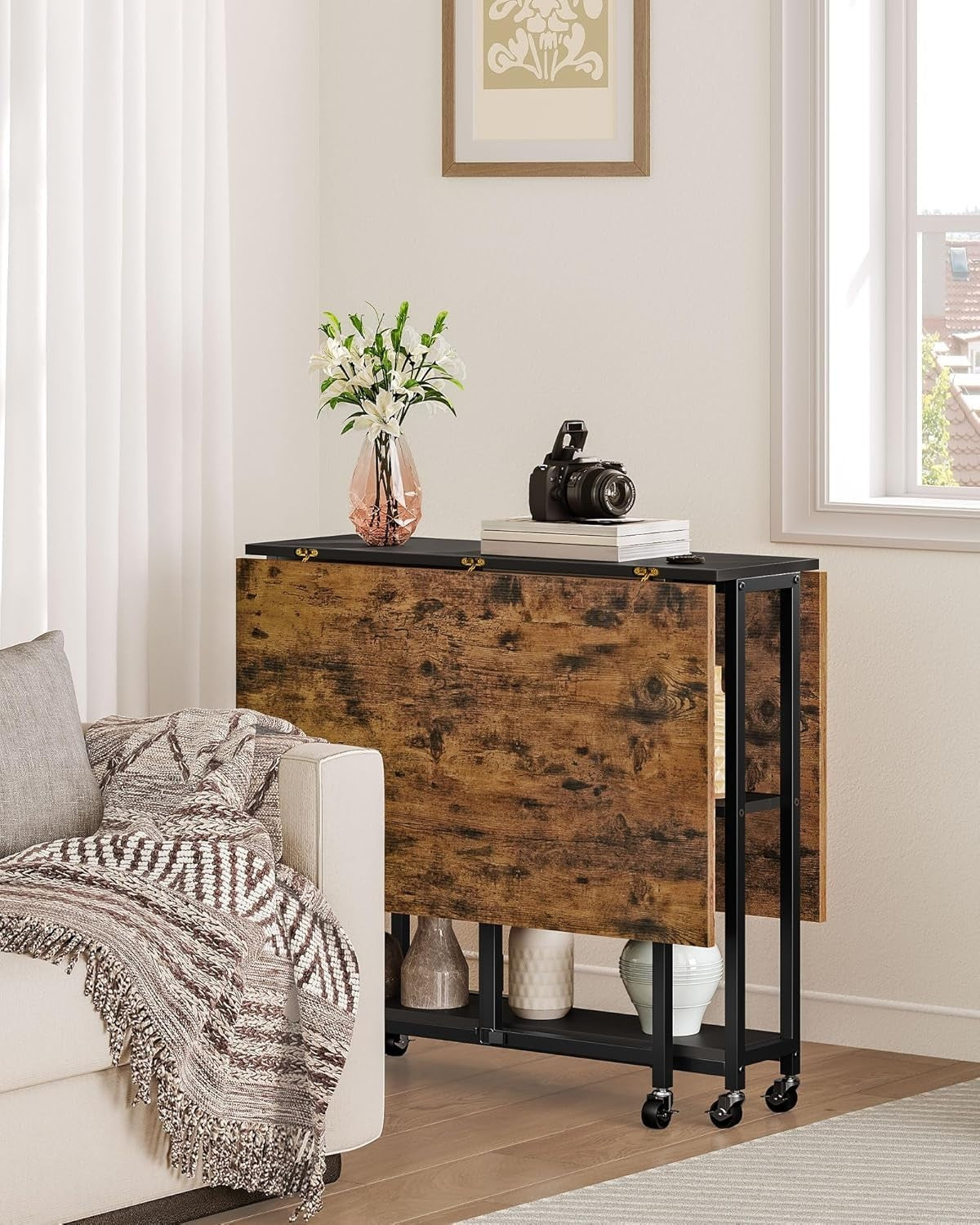 Foldable Movable Dining Table with Wheels & 2 - Tier Shelf Rustic Brown - Kwikley